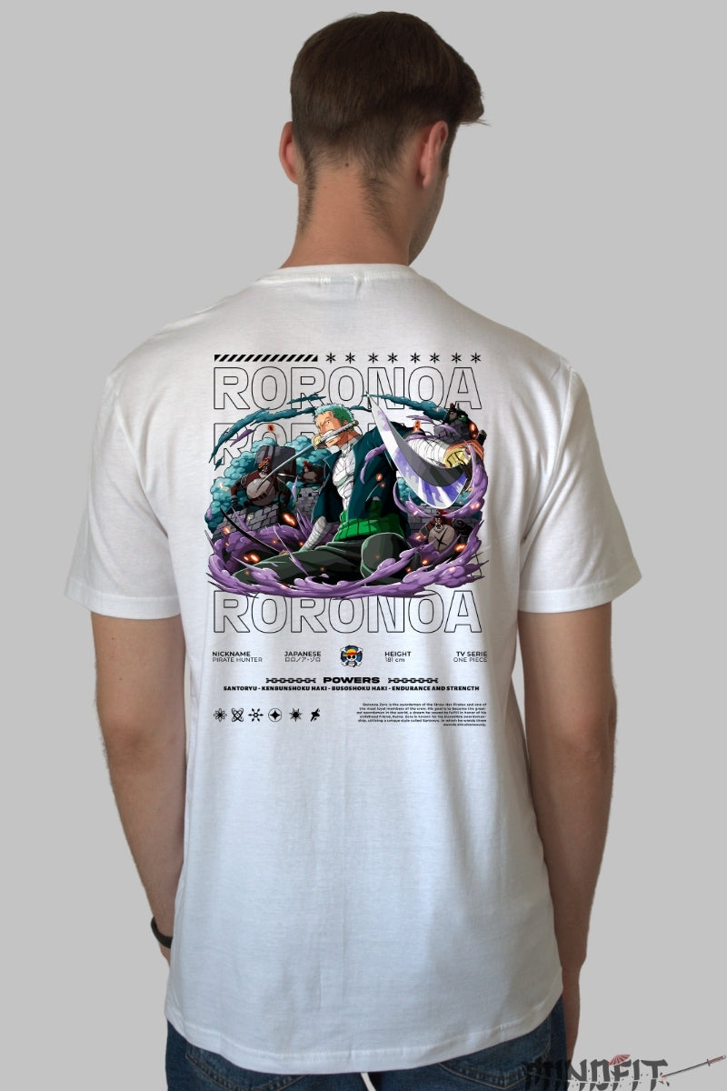 Tricou Anime One Piece - Roronoa Zoro Santoryu Legend barbat alb