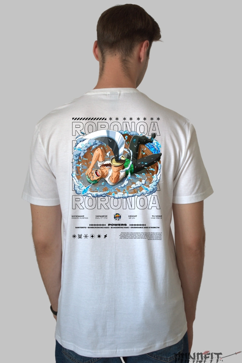 Tricou Anime One Piece - Roronoa Zoro Santoryu Power barbat alb