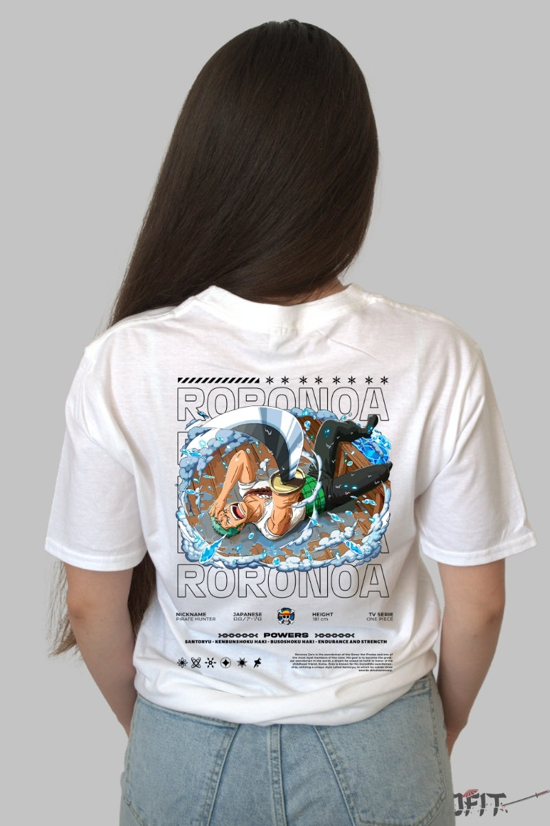 Tricou Anime One Piece - Roronoa Zoro Santoryu Power dama alb