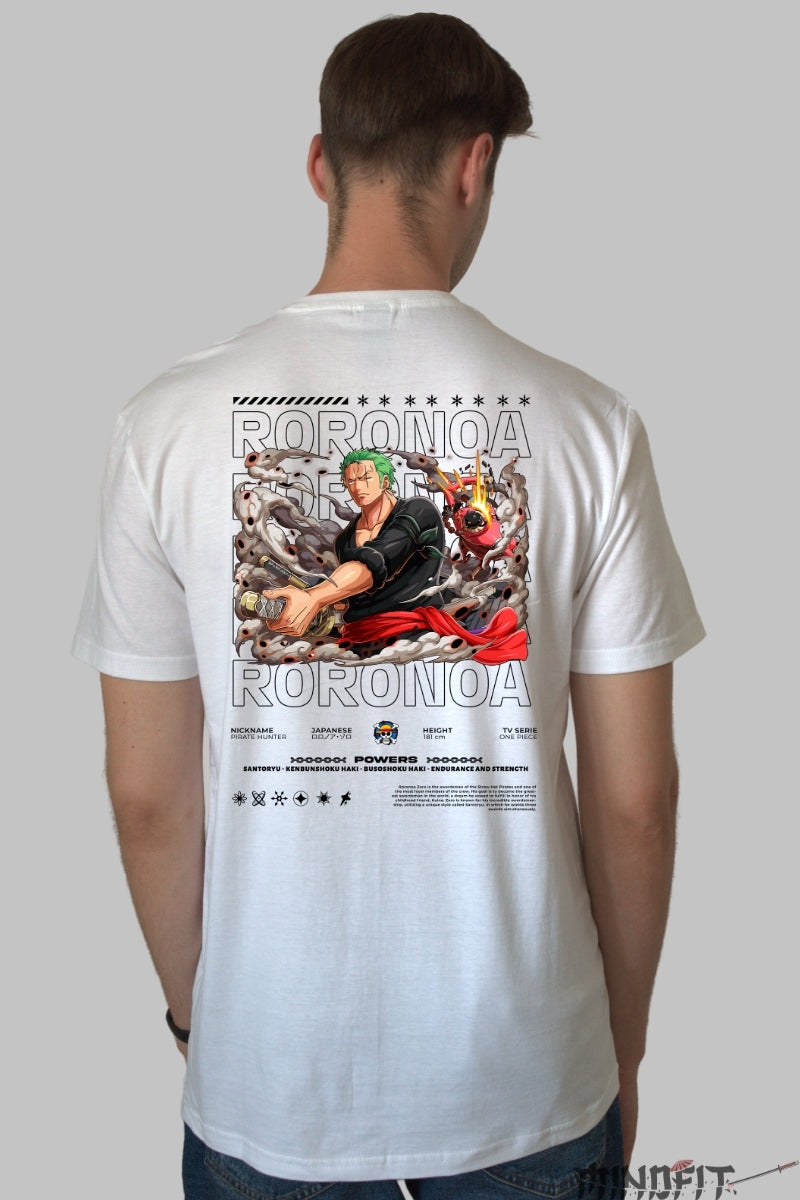 Tricou Anime One Piece - Roronoa Zoro Santoryu Power barbat alb