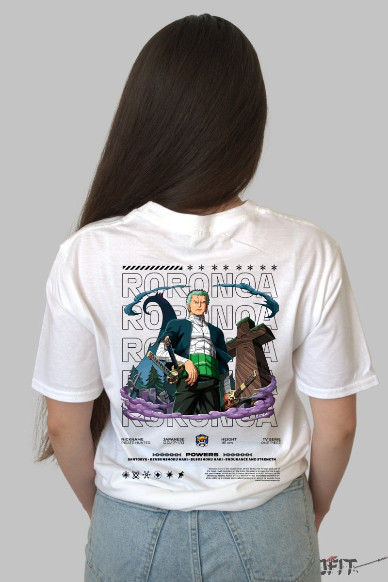 Tricou Anime One Piece - Roronoa Zoro Santoryu Power dama alb