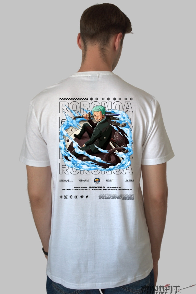 Tricou Anime One Piece - Roronoa Zoro Santoryu Power barbat alb
