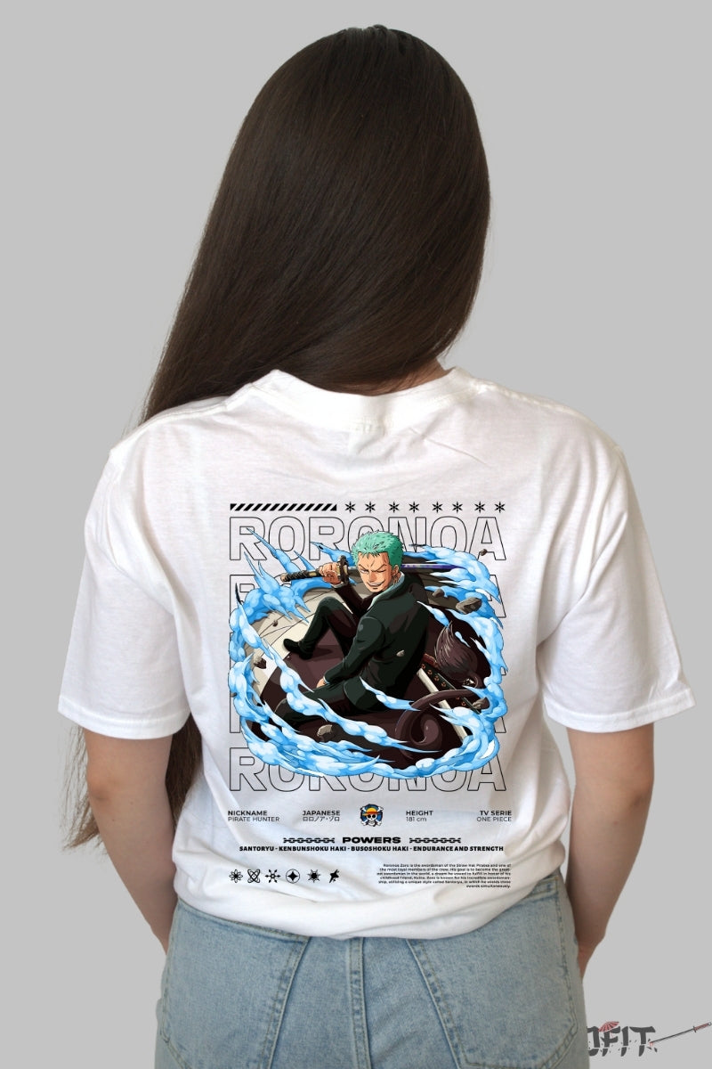 Tricou Anime One Piece - Roronoa Zoro Santoryu Power dama alb