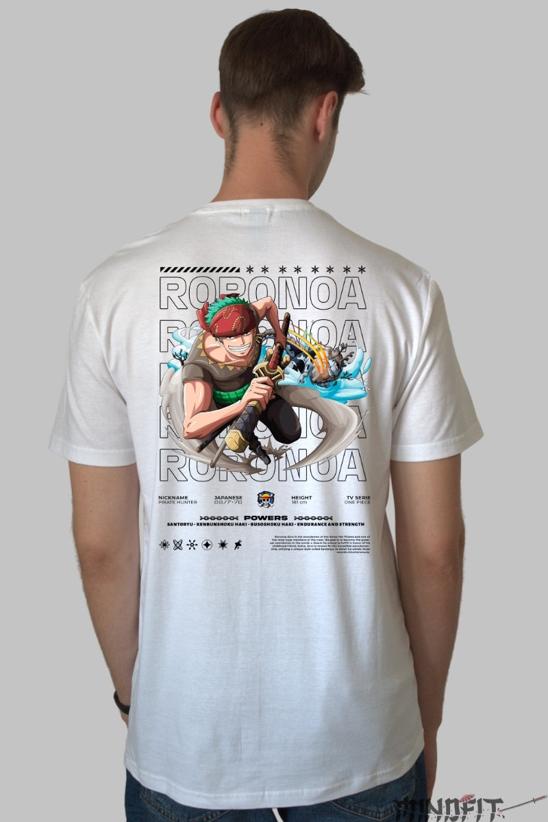 Tricou Anime One Piece - Roronoa Zoro Santoryu Power barbat alb