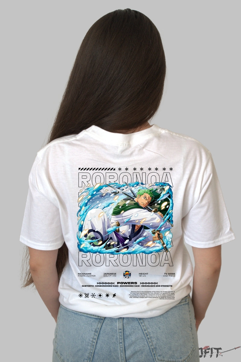 Tricou Anime One Piece - Roronoa Zoro Santoryu Slash dama alb