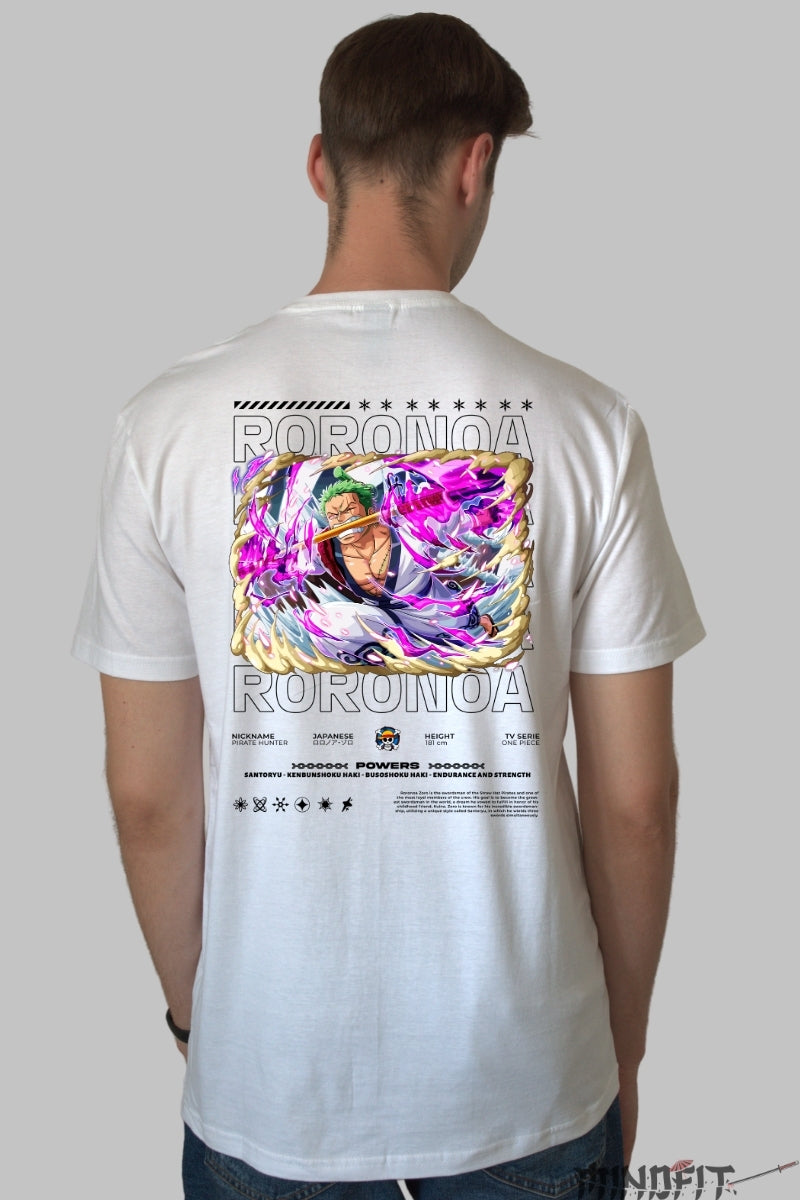 Tricou Anime One Piece - Roronoa Zoro Santoryu Storm barbat alb