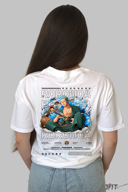 Tricou Anime One Piece - Roronoa Zoro Santoryu Strike dama alb