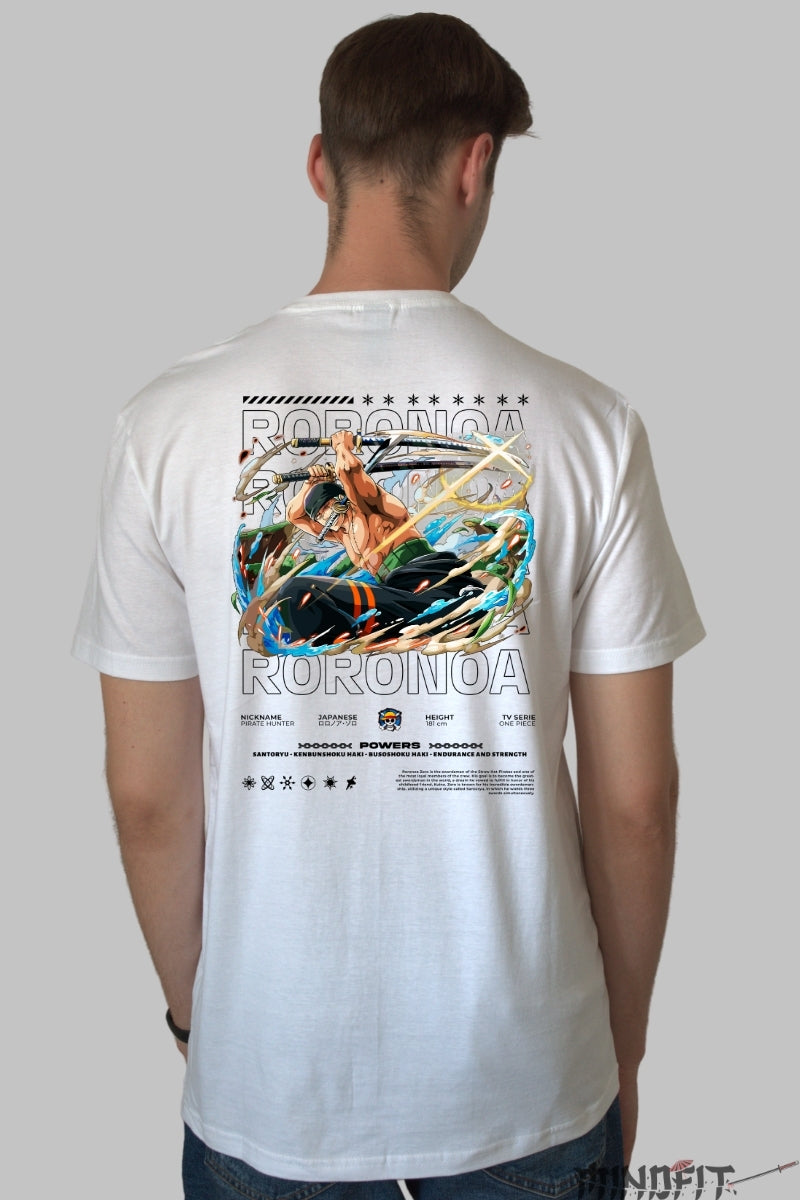 Tricou Anime One Piece - Roronoa Zoro Santoryu Style barbat alb