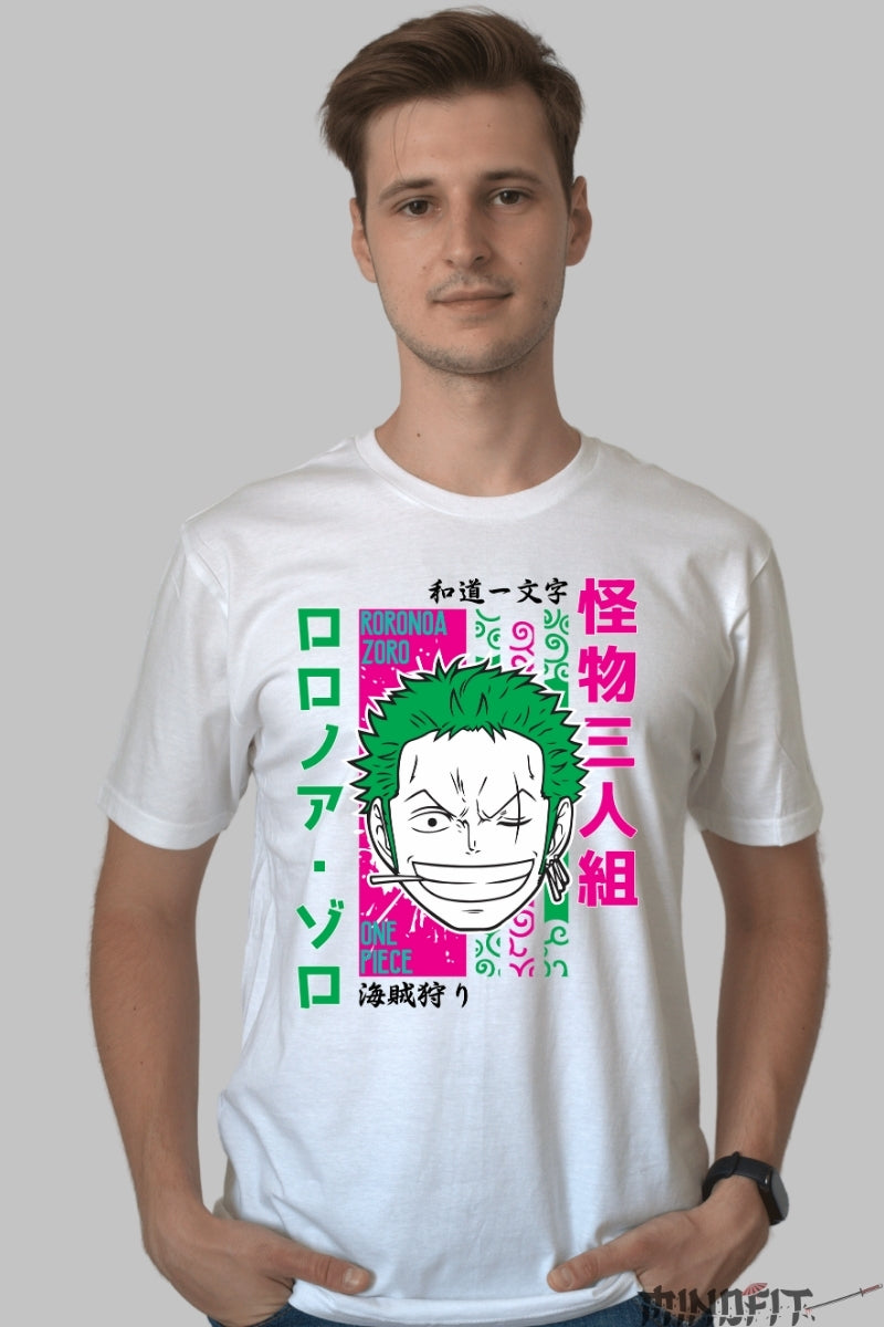 Tricou Anime One Piece - Roronoa Zoro Style Icon barbat alb
