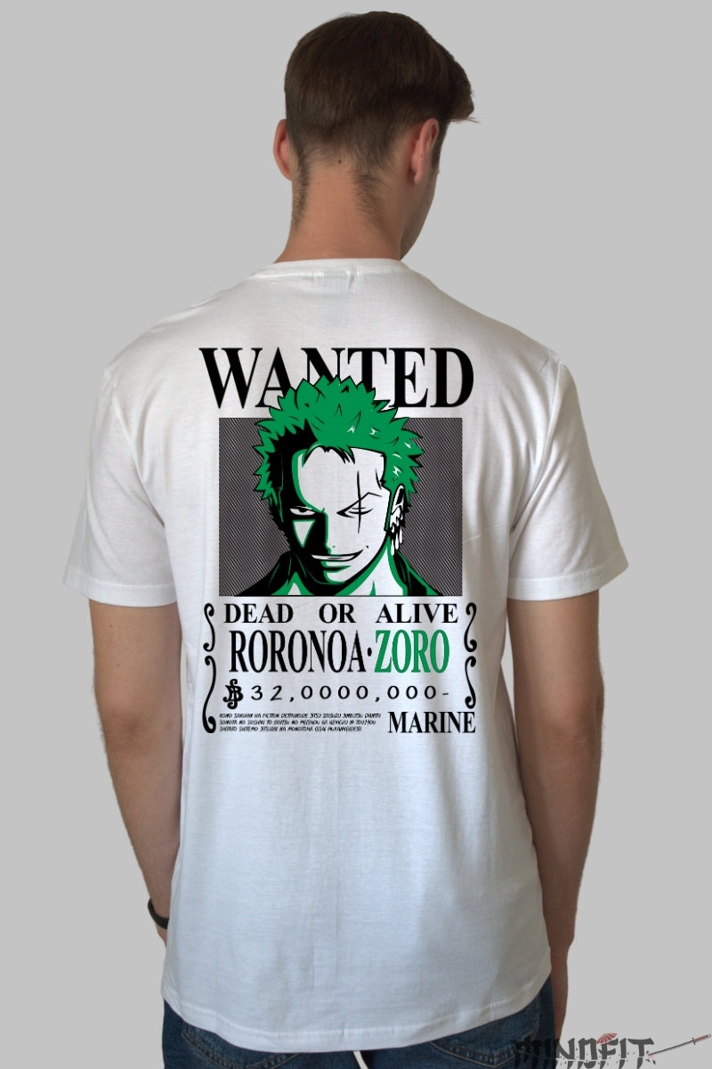 Tricou Anime One Piece - Roronoa Zoro Wanted Bounty barbat alb