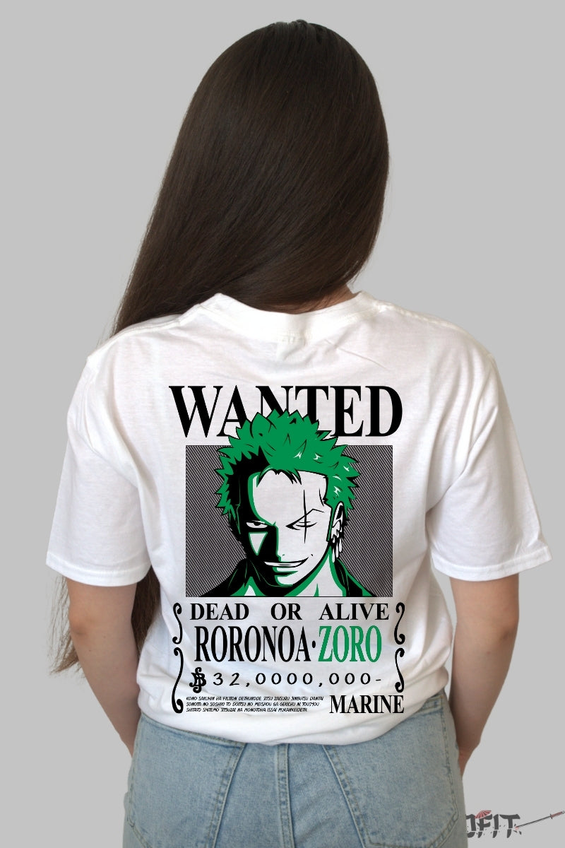 Tricou Anime One Piece - Roronoa Zoro Wanted Bounty dama alb