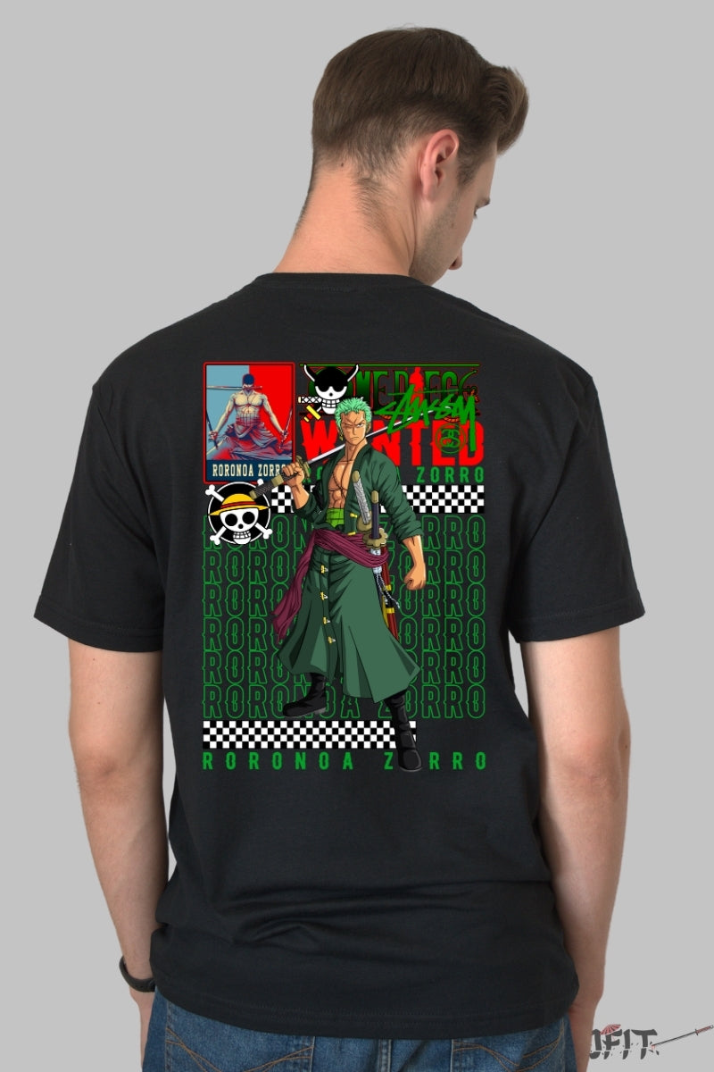Tricou Anime One Piece - Roronoa Zoro Wanted Style barbat negru