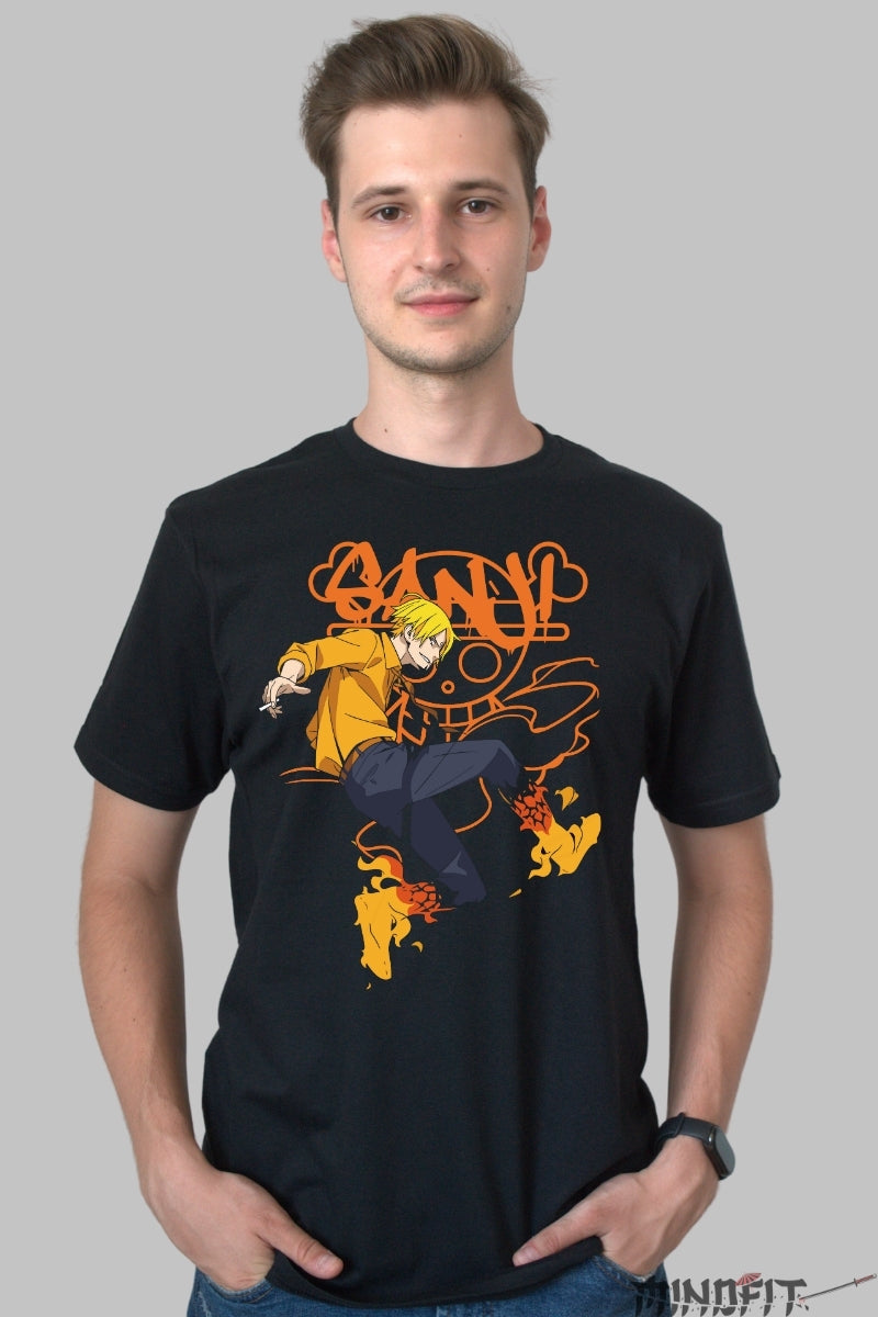 Tricou Anime One Piece - Sanji Diavolul Picioarelor de Foc barbat negru
