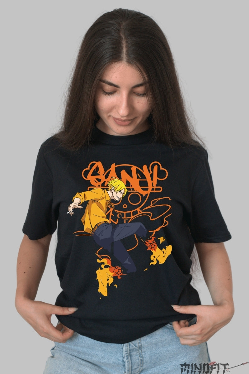 Tricou Anime One Piece - Sanji Diavolul Picioarelor de Foc dama negru