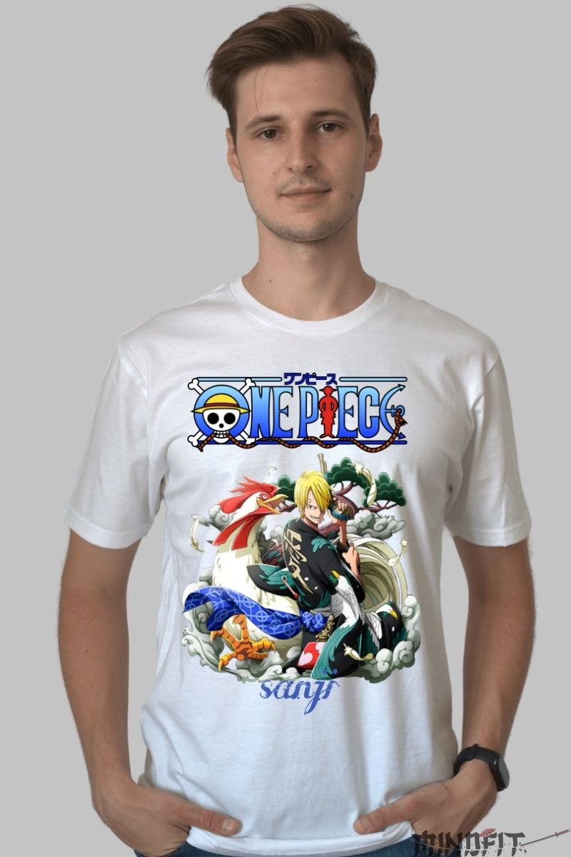 Tricou Anime One Piece - Sanji Dragon Power barbat alb
