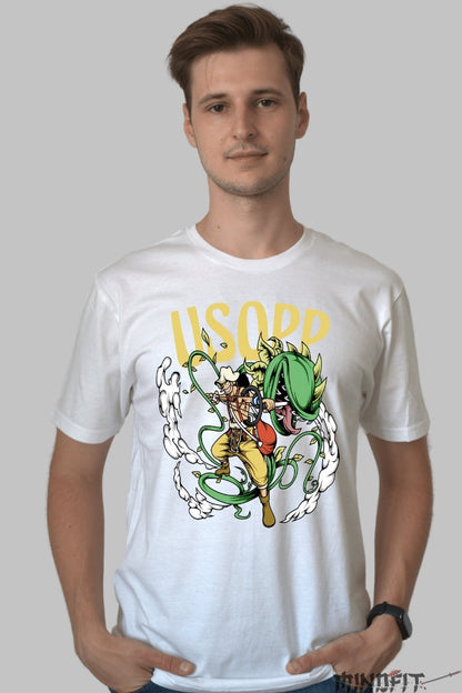 Tricou Anime One Piece - Usopp si Lupta cu Planta Monstru barbat alb
