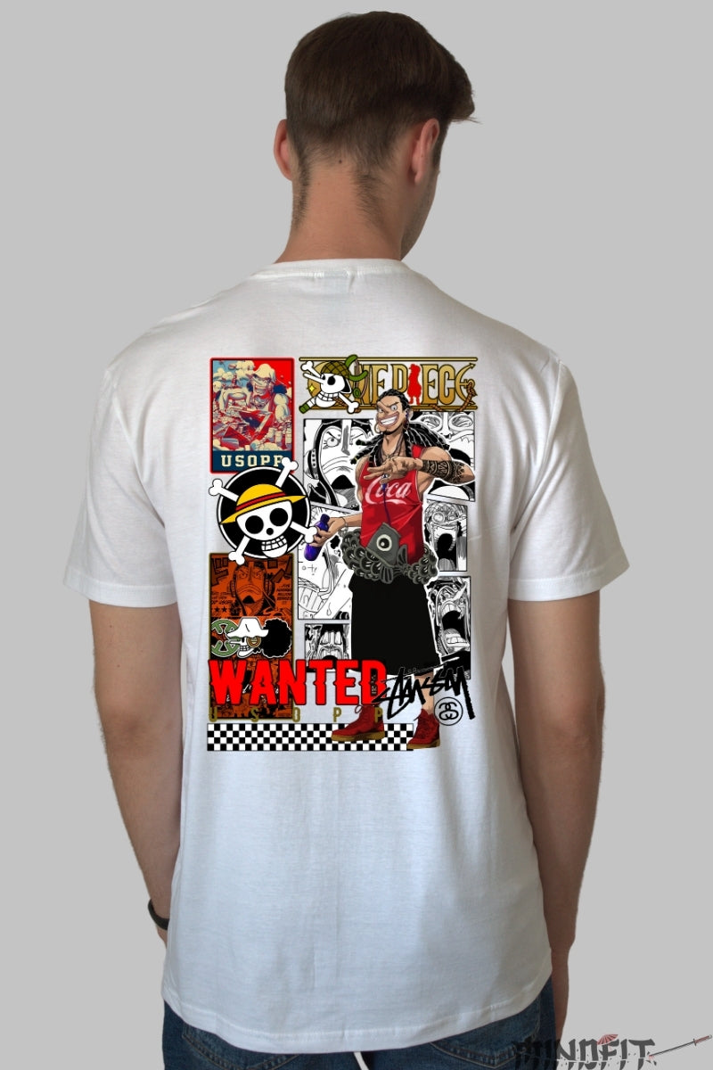 Tricou Anime One Piece - Usopp Wanted Style barbat alb