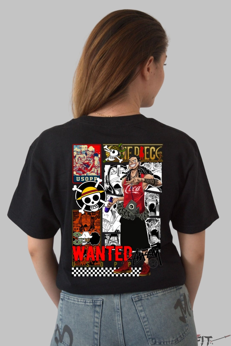 Tricou Anime One Piece - Usopp Wanted Style dama negru