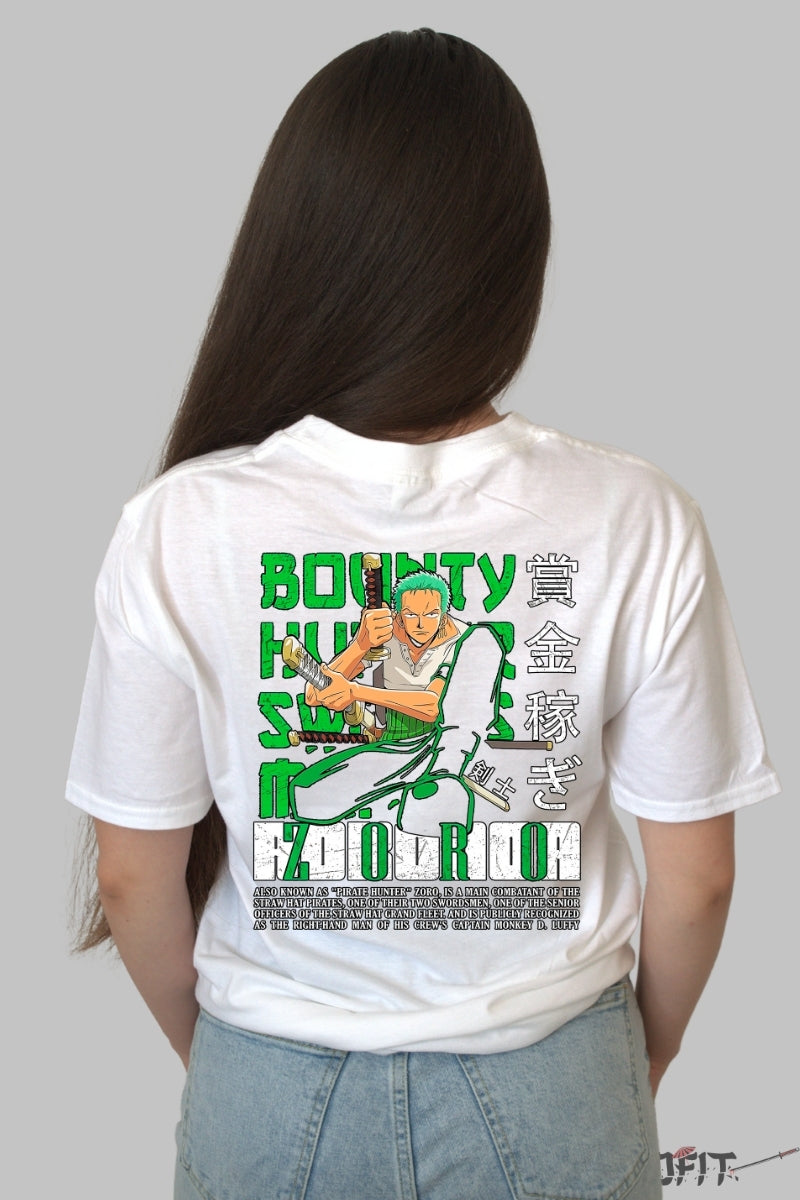 Tricou Anime One Piece - Zoro Bounty Hunter Style dama alb