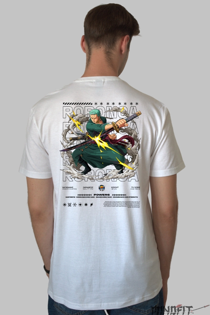 Tricou Anime One Piece - Zoro Santoryu Lightning Slash barbat alb