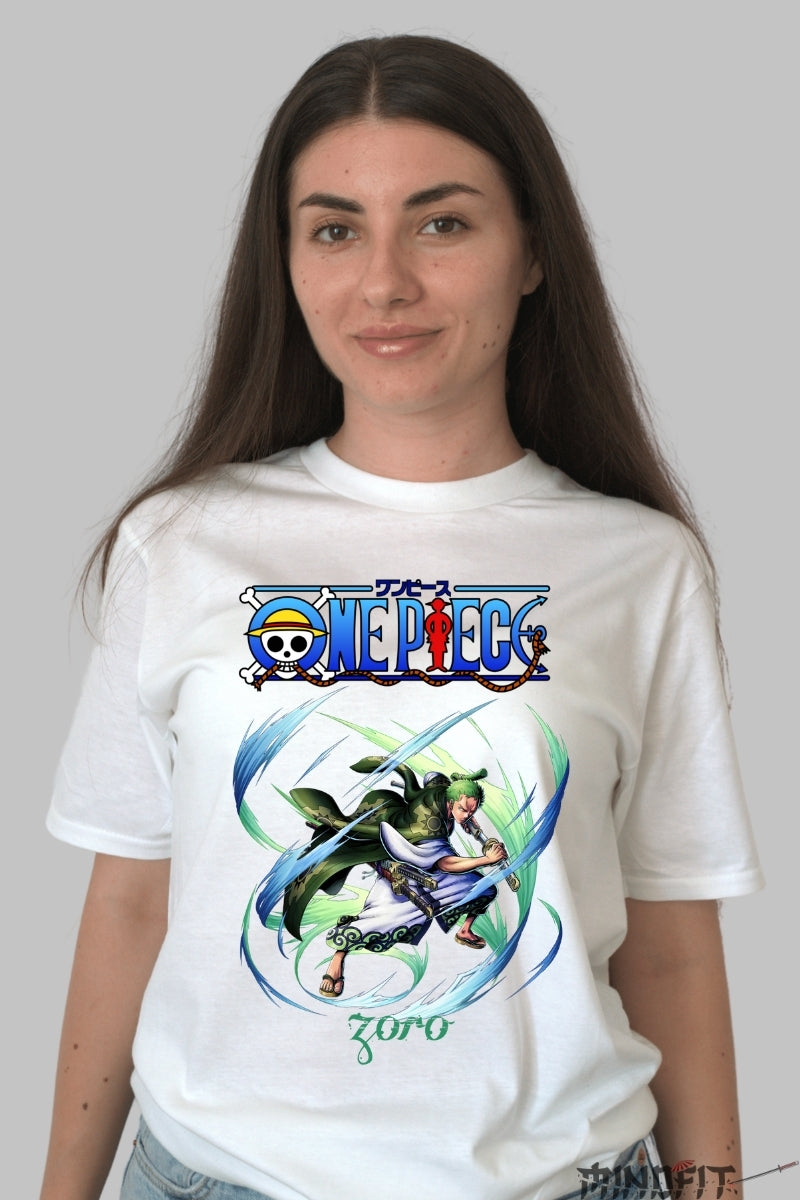 Tricou Anime One Piece - Zoro Santoryu Vortex dama alb