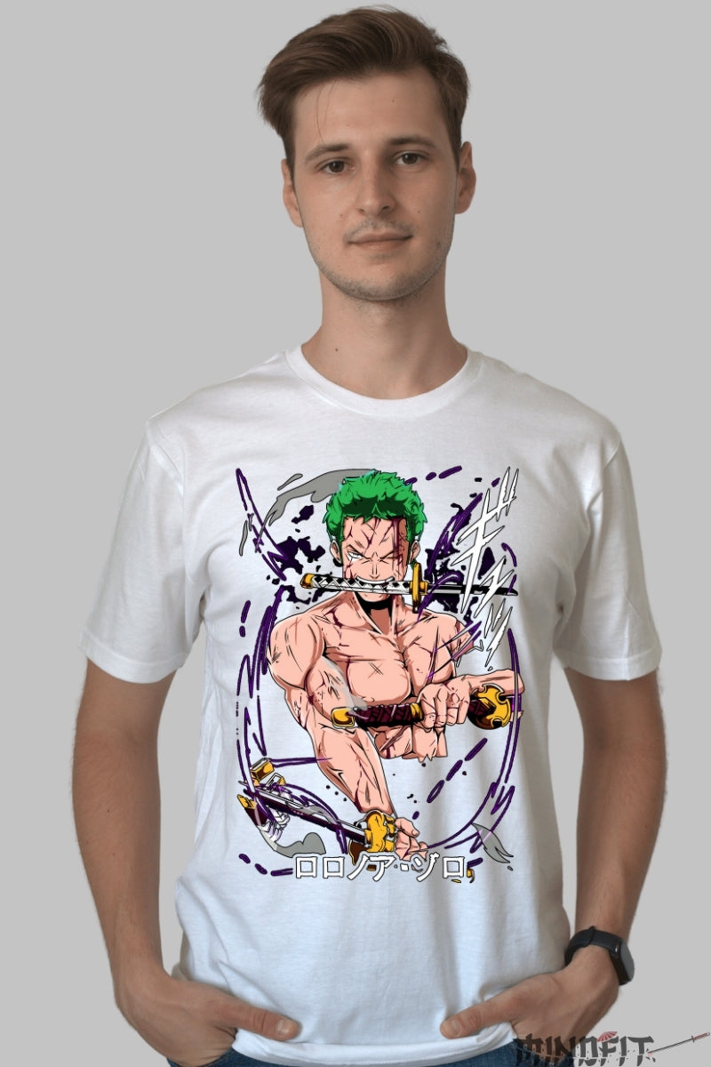 Tricou Anime One Piece - Zoro Stilul celor Trei Sabii barbat alb