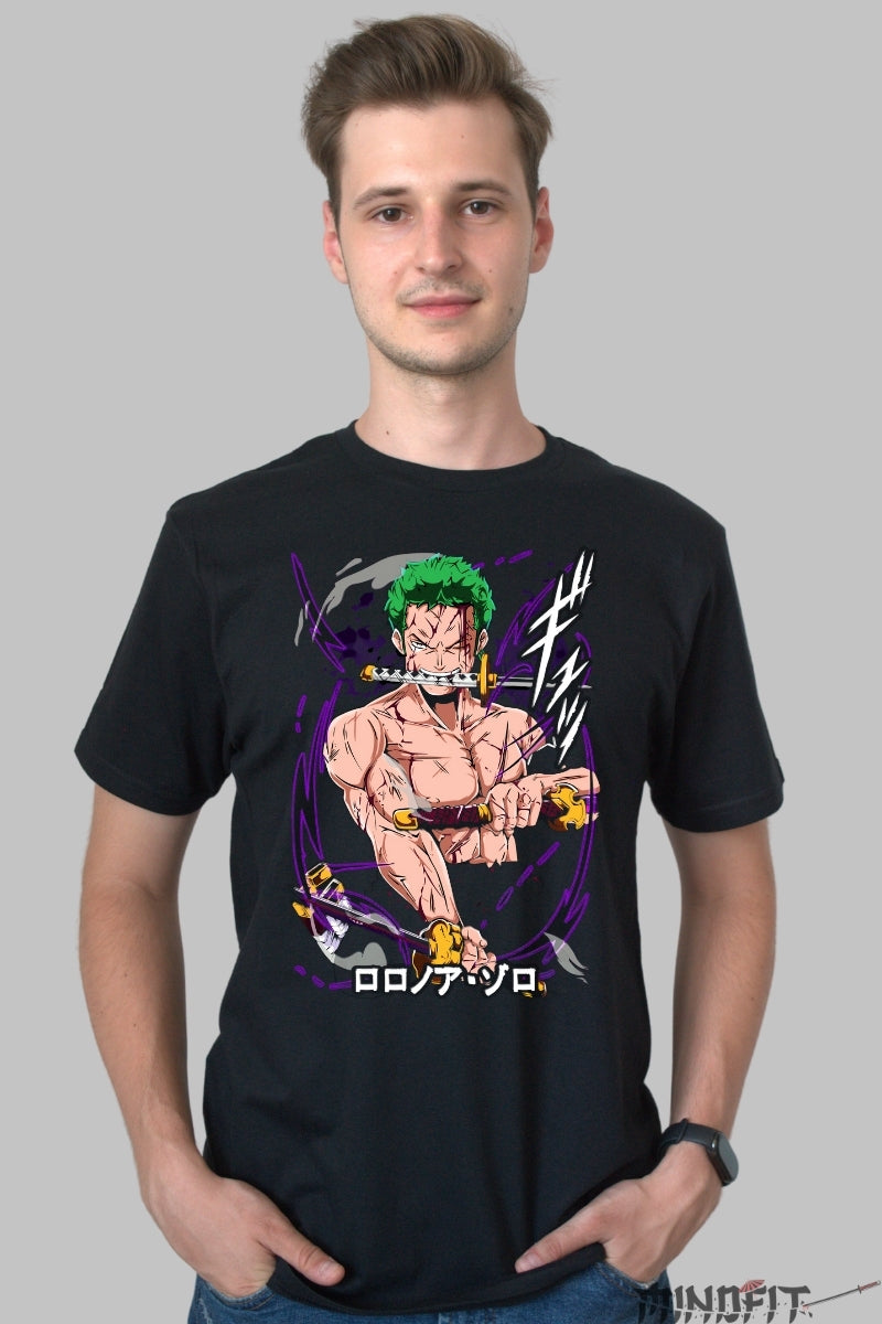 Tricou Anime One Piece - Zoro Stilul celor Trei Sabii barbat negru