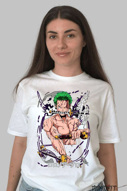 Tricou Anime One Piece - Zoro Stilul celor Trei Sabii dama alb