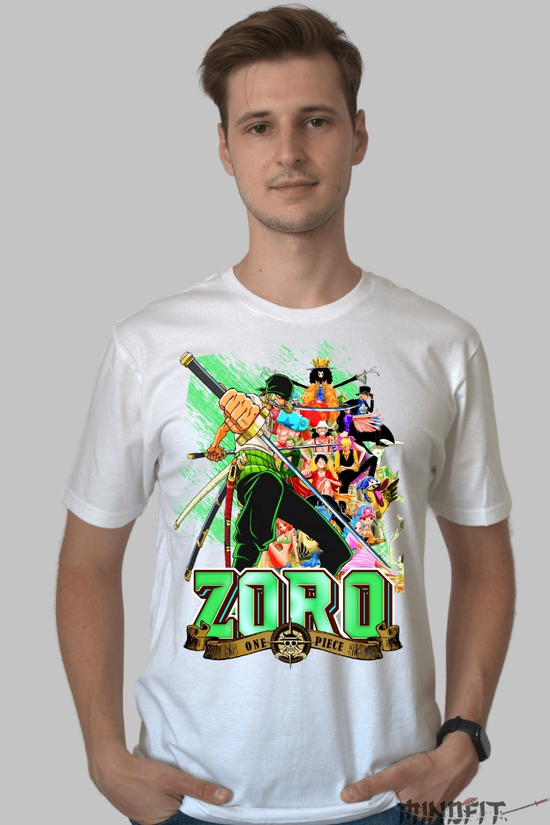 Tricou Anime One Piece - Zoro Stralucirea Sabiei Verzi barbat alb
