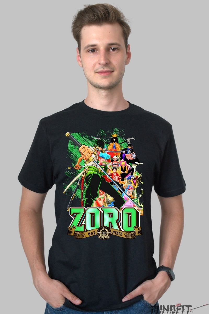 Tricou Anime One Piece - Zoro Stralucirea Sabiei Verzi barbat negru