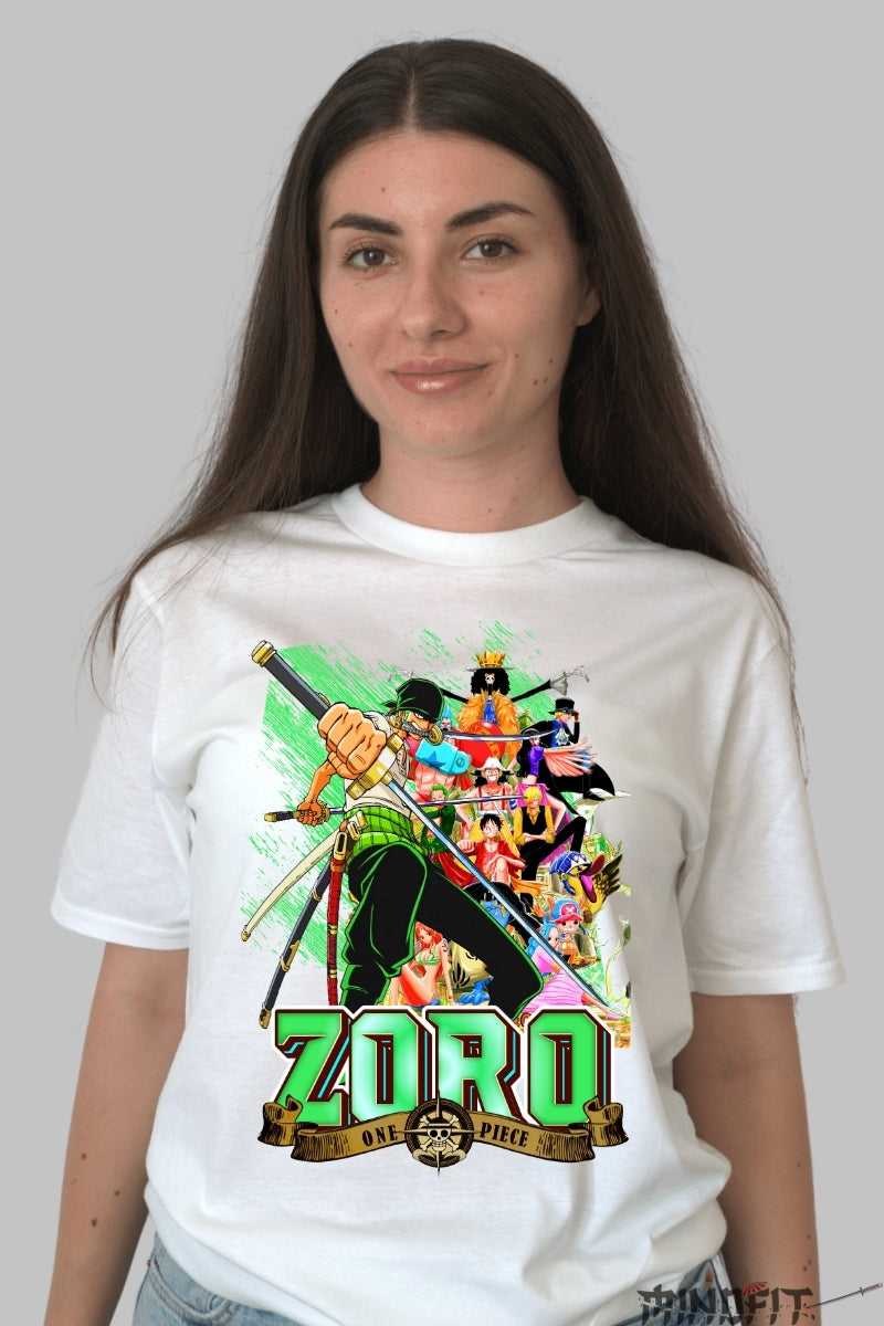 Tricou Anime One Piece - Zoro Stralucirea Sabiei Verzi dama alb