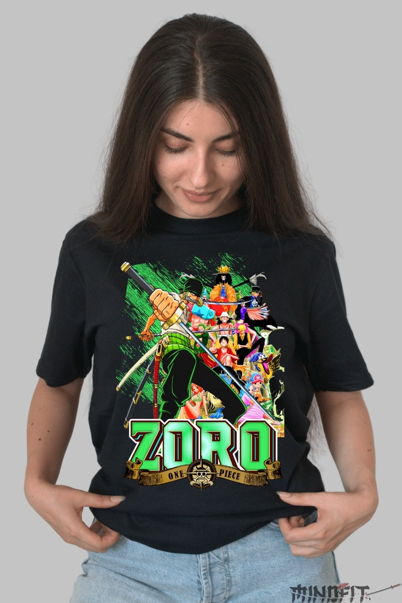 Tricou Anime One Piece - Zoro Stralucirea Sabiei Verzi dama negru