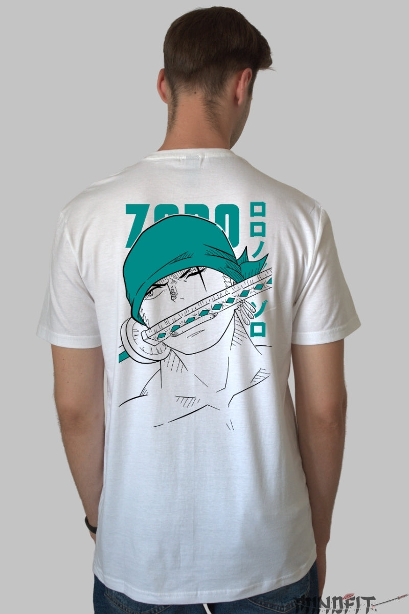 Tricou Anime One Piece - Zoro Sword Focus barbat alb