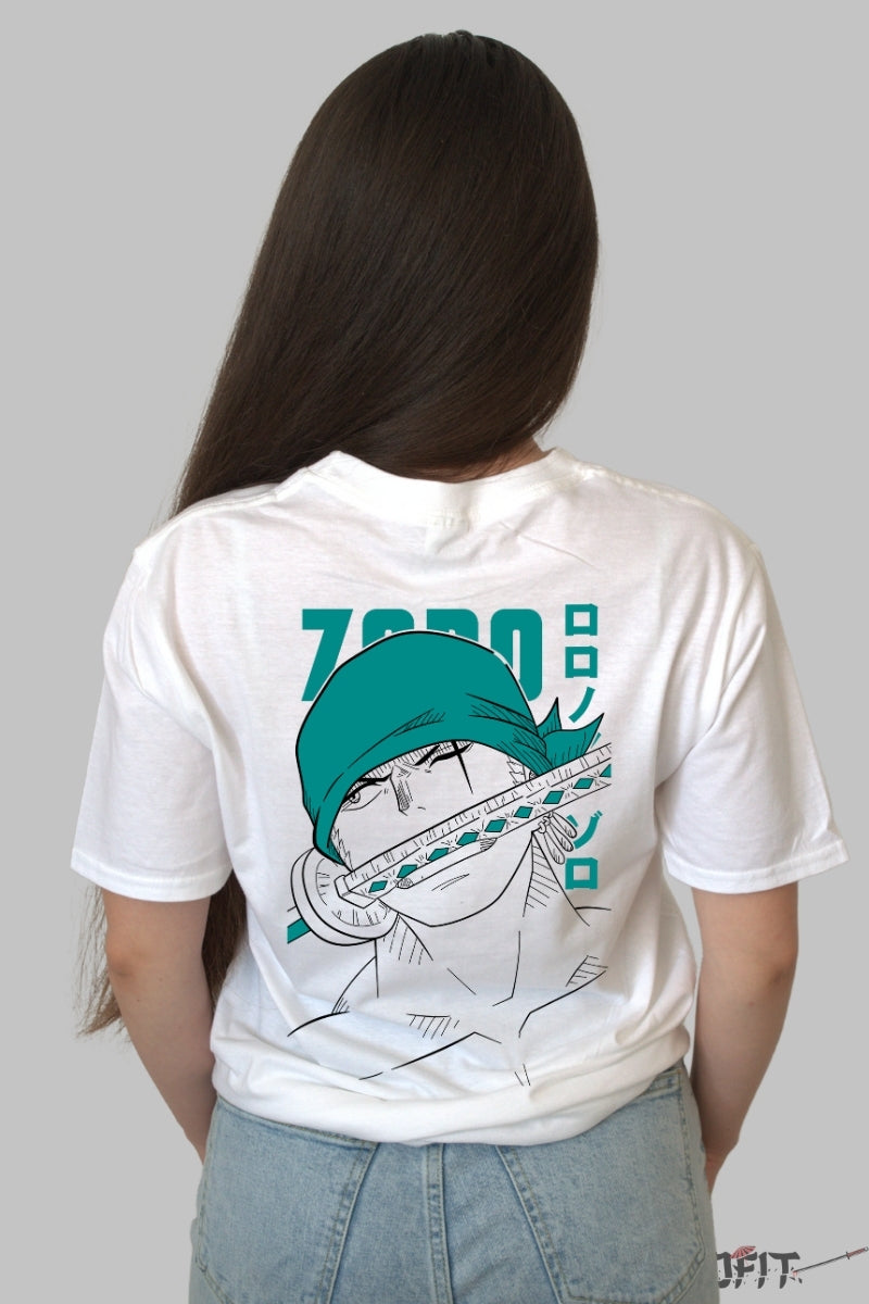 Tricou Anime One Piece - Zoro Sword Focus dama alb