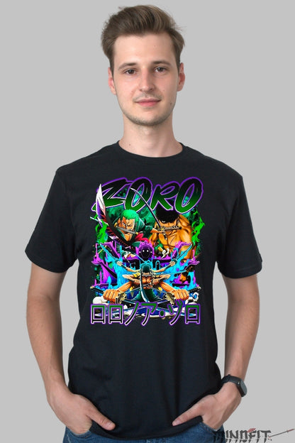 Tricou Anime One Piece - Zoro Three Sword Style barbat negru