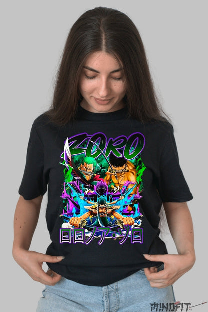 Tricou Anime One Piece - Zoro Three Sword Style dama negru