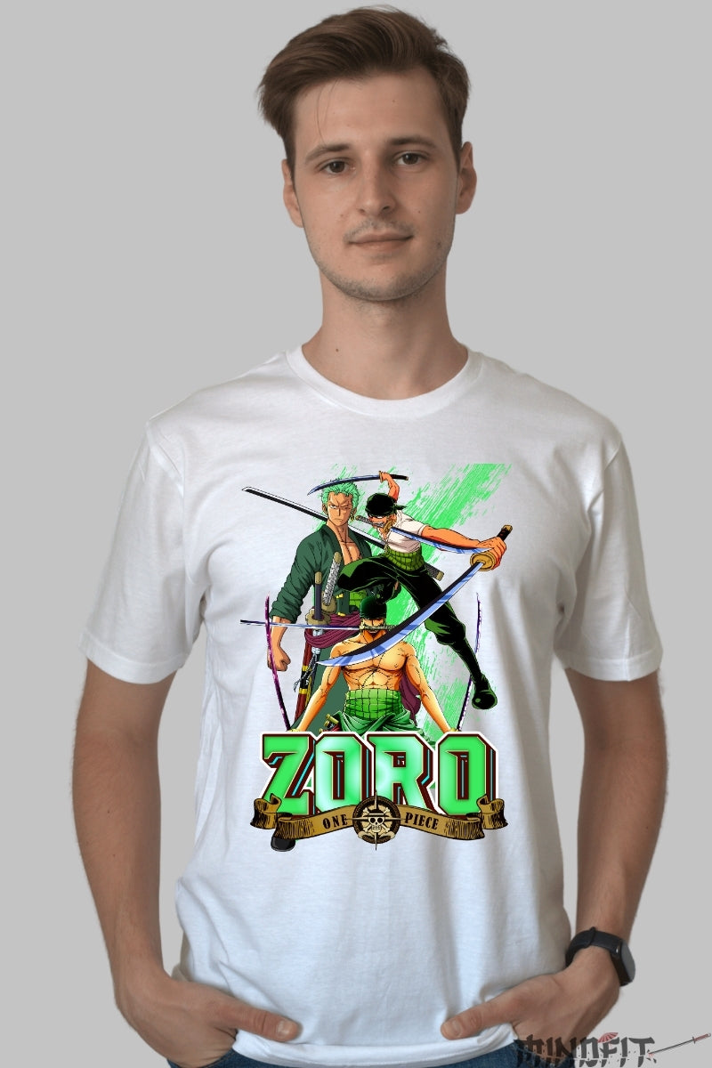 Tricou Anime One Piece - Zoro Trei Stiluri de Sabie barbat alb