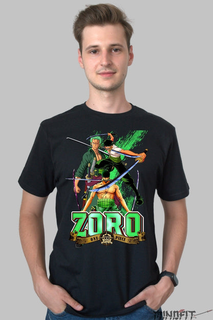 Tricou Anime One Piece - Zoro Trei Stiluri de Sabie barbat negru