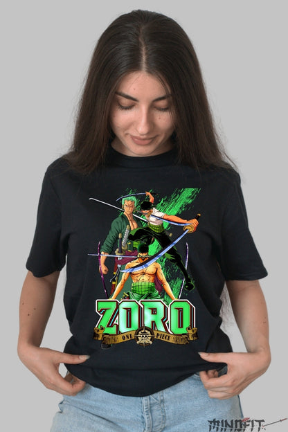 Tricou Anime One Piece - Zoro Trei Stiluri de Sabie dama negru