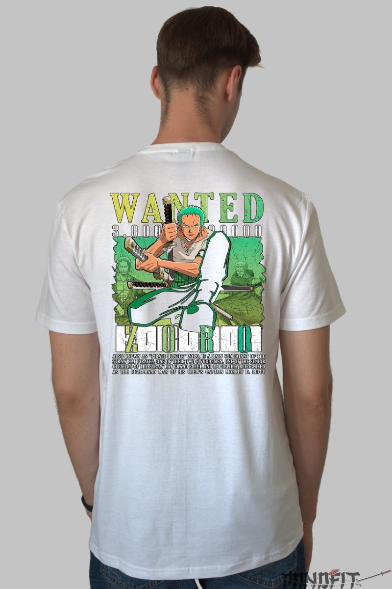 Tricou Anime One Piece - Zoro Wanted Bounty 3.000.000.000 barbat alb
