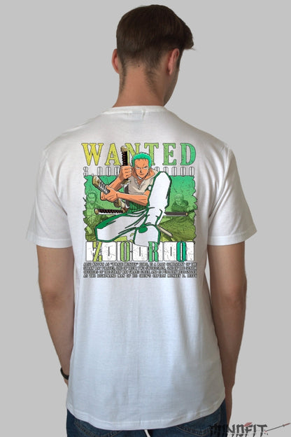Tricou Anime One Piece - Zoro Wanted Bounty 3.000.000.000 barbat alb