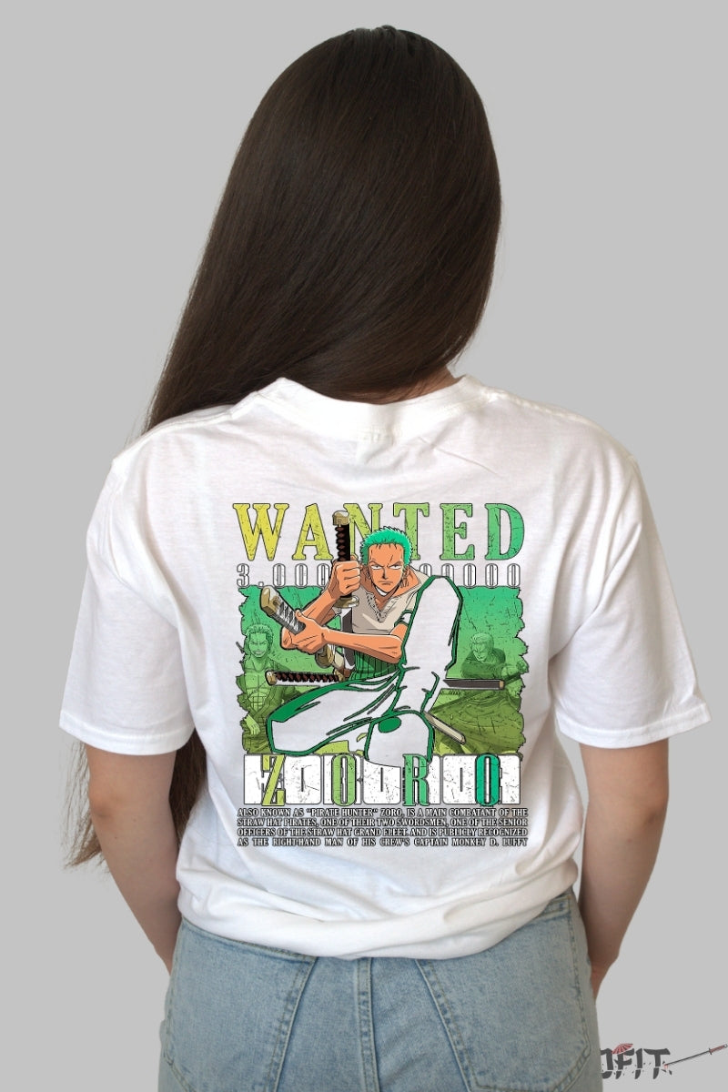 Tricou Anime One Piece - Zoro Wanted Bounty 3.000.000.000 dama alb