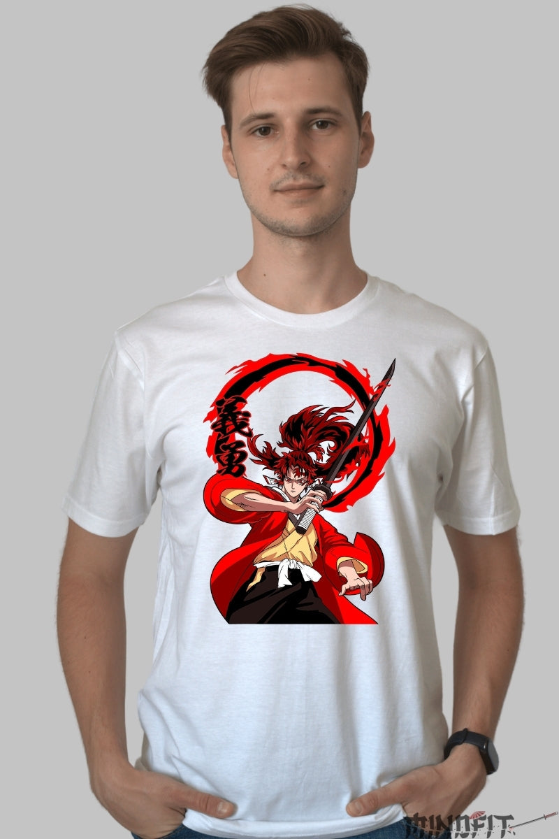 Tricou Anime Samurai Flame - Spiritul Sabiei in Actiune barbat alb