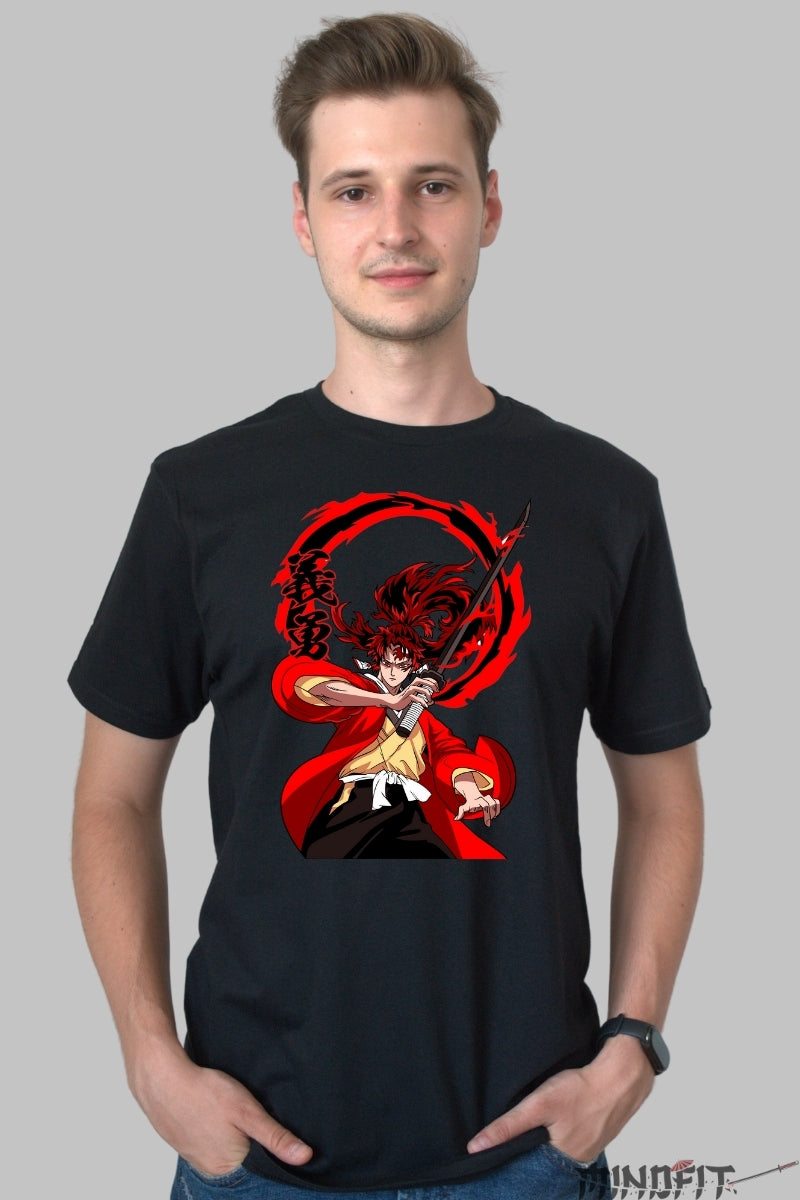 Tricou Anime Samurai Flame - Spiritul Sabiei in Actiune barbat negru