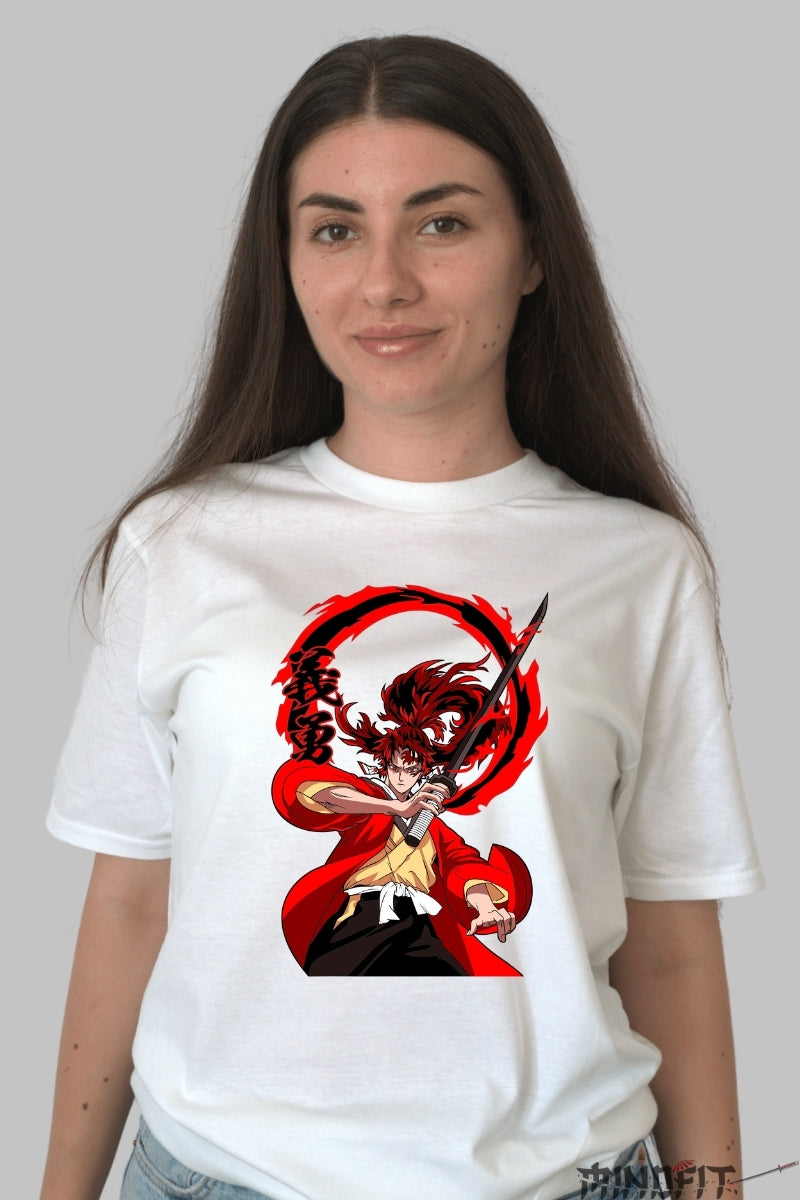 Tricou Anime Samurai Flame - Spiritul Sabiei in Actiune dama alb