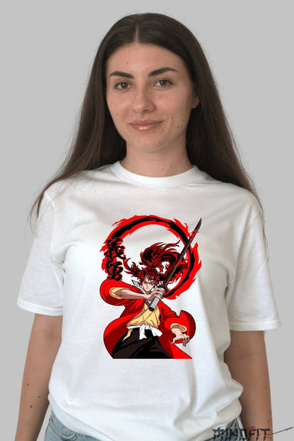 Tricou Anime Samurai Flame - Spiritul Sabiei in Actiune dama alb