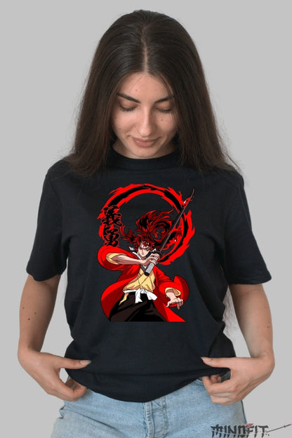 Tricou Anime Samurai Flame - Spiritul Sabiei in Actiune dama negru