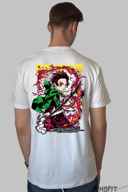Tricou Anime Tanjiro - Lama Invaluita in Flacari Barbat Alb