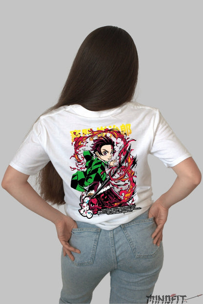 Tricou Anime Tanjiro - Lama Invaluita in Flacari Dama alb
