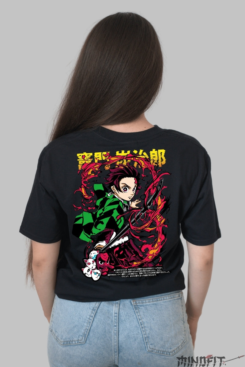 Tricou Anime Tanjiro - Lama Invaluita in Flacari Dama Negru